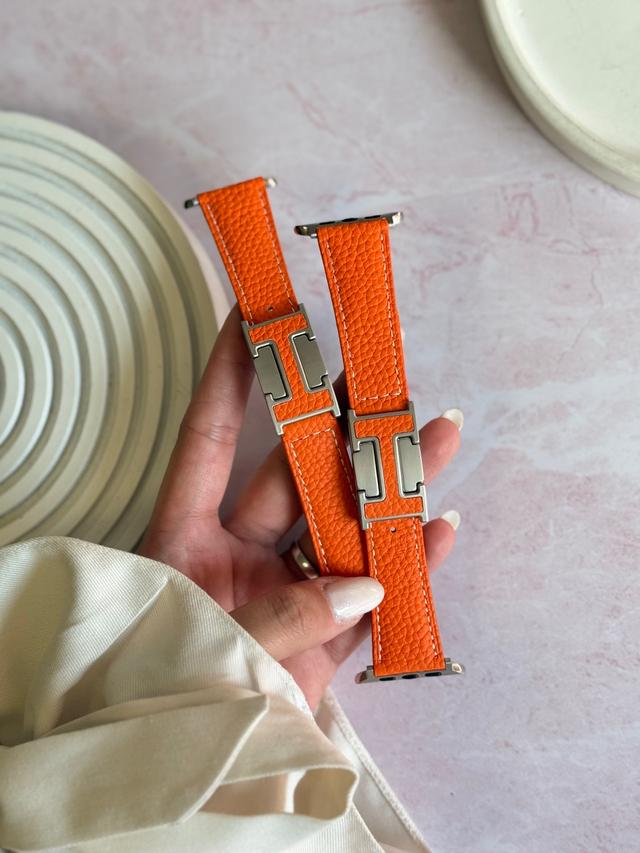بند اپل واچ چرمی هرمس نارنجی با قفل طرح هرمس